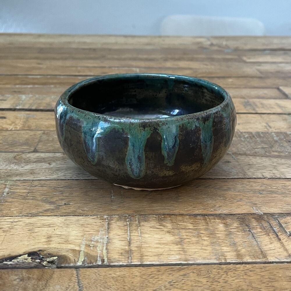 Studio Art Pottery Stoneware Bowl 5" Green Blue Tones Drip Design Artist Signed